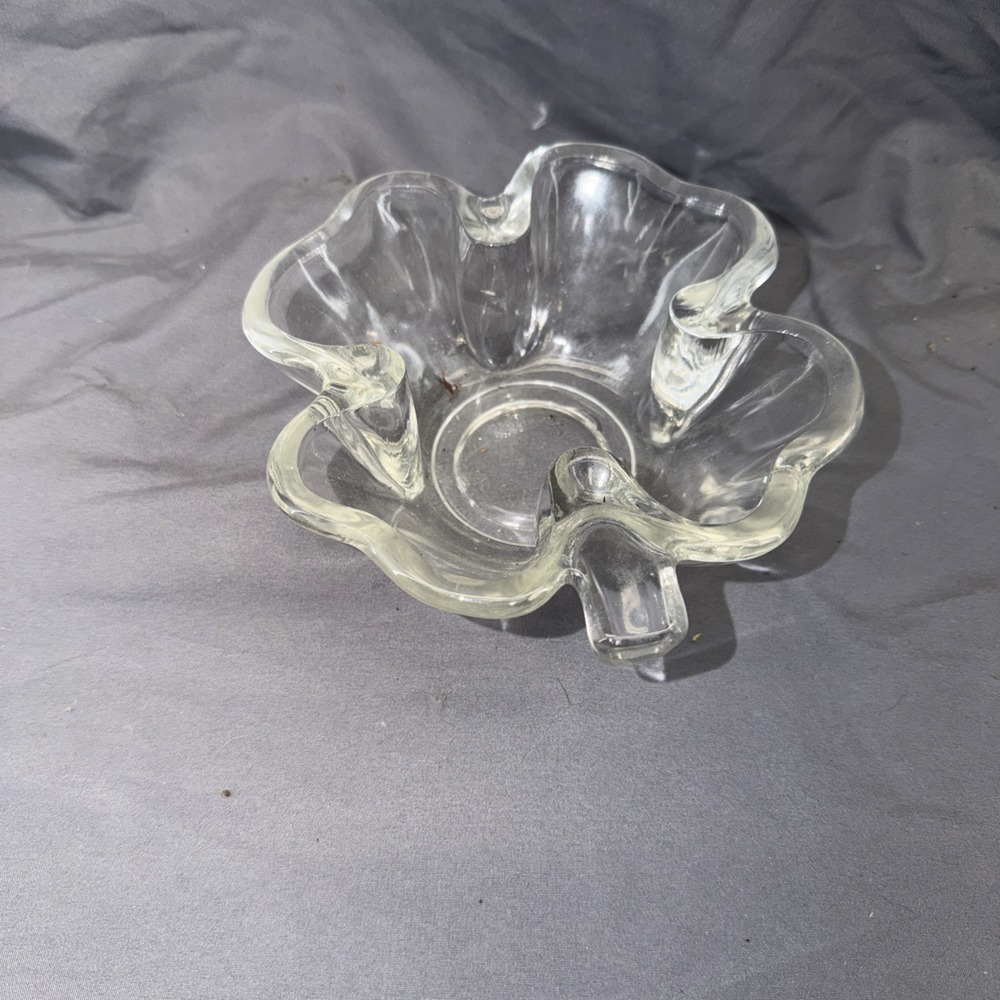 Shamrock Candy Dish Thick Clear Glass Four Leaf Clover Bowl